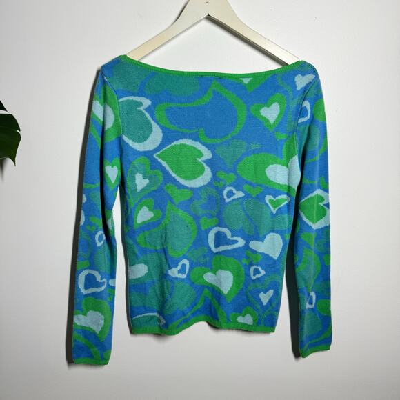 ASOS Design Top Women 4 Blue Green Wavy Heart Square Neck Lightweight 3/4 Sleeve - Picture 2 of 7